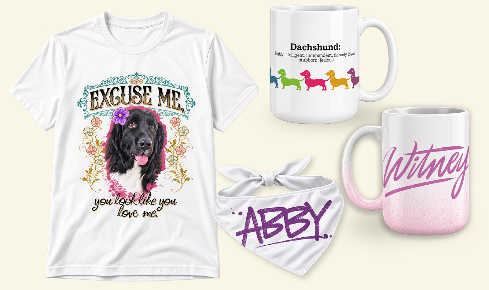 Custom dog portrait shirt, personalized mugs, and hand-lettered dog bandana
