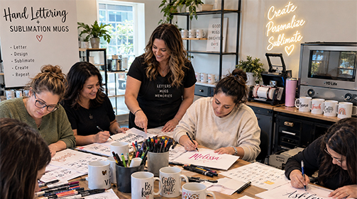 Workshop participants creating personalized lettering designs