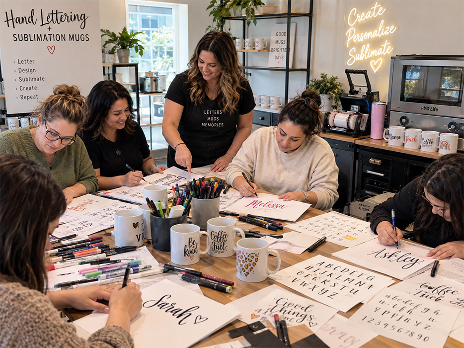 Students practicing hand lettering at a Mug Dog workshop